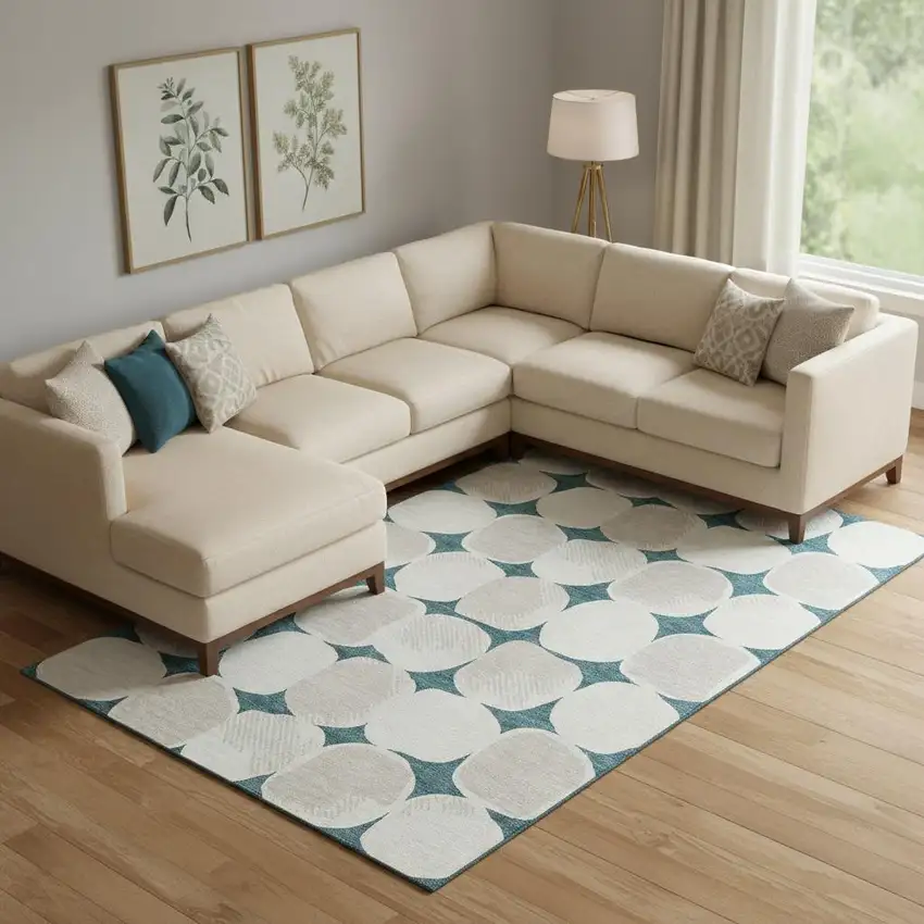 Teal And Ivory Abstract Geometric Washable Area Rug With UV Protection Photo 1