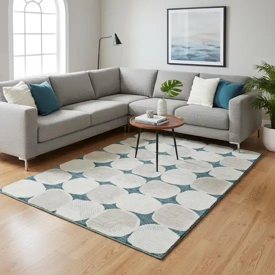 Teal And Ivory Abstract Geometric Washable Area Rug With UV Protection Photo 2