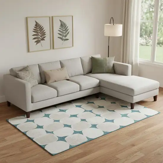 Teal And Ivory Abstract Geometric Washable Area Rug With UV Protection Photo 1