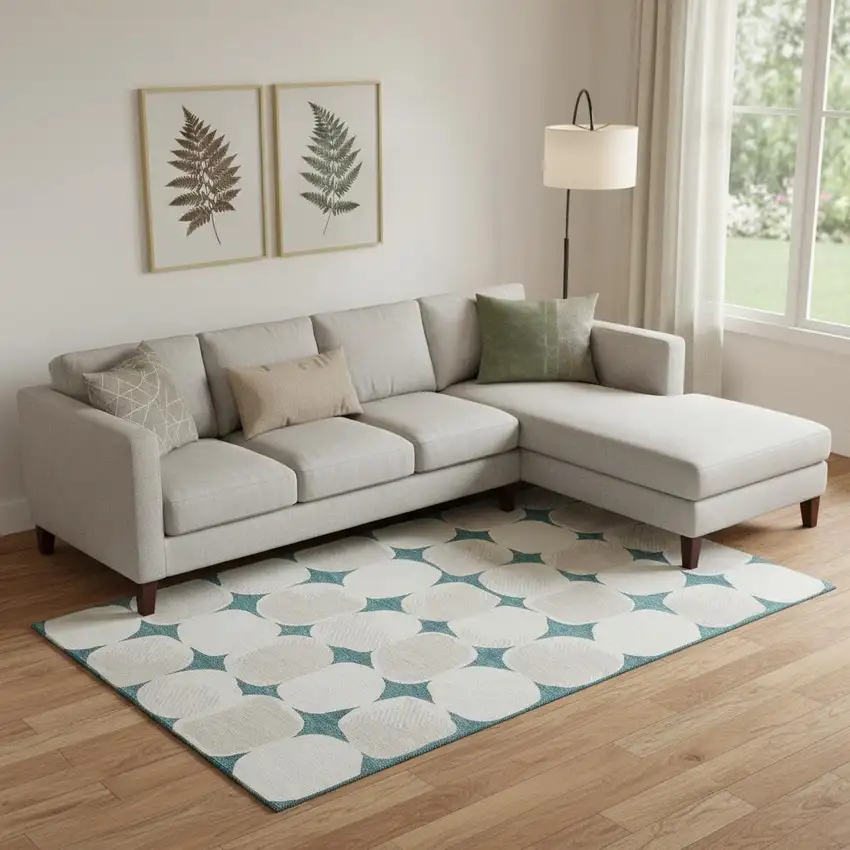Teal And Ivory Abstract Geometric Washable Area Rug With UV Protection Photo 1