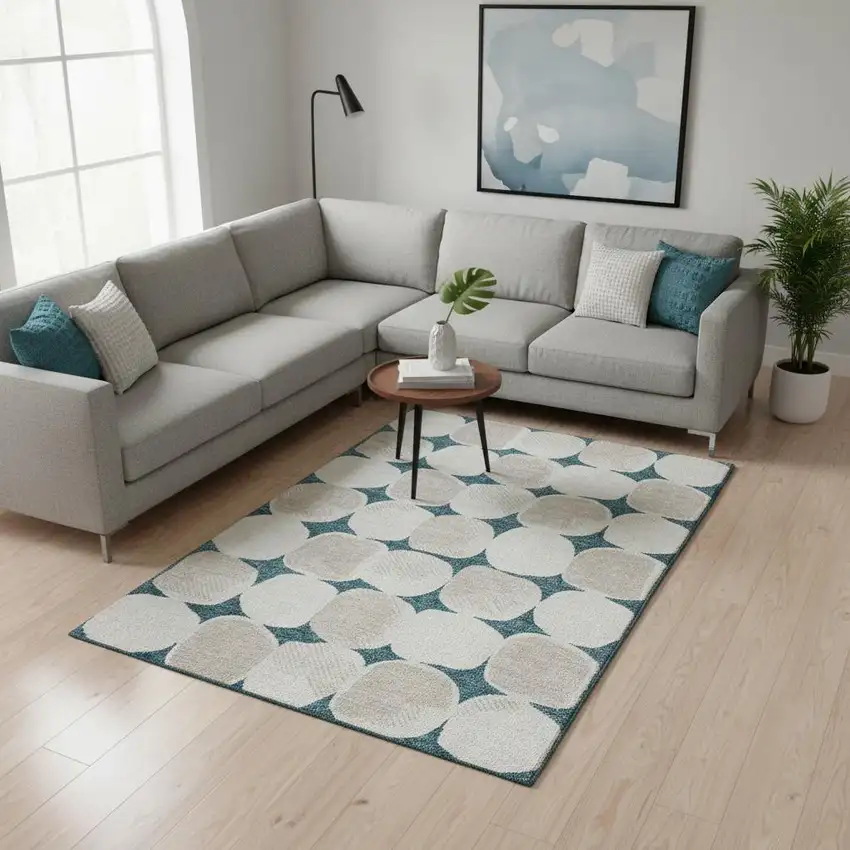 Teal And Ivory Abstract Geometric Washable Area Rug With UV Protection Photo 2