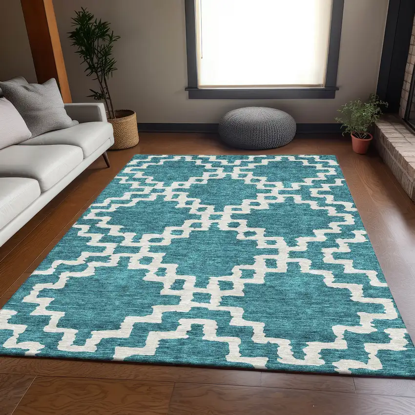 Teal And Ivory Abstract Geometric Washable Area Rug With UV Protection Photo 6