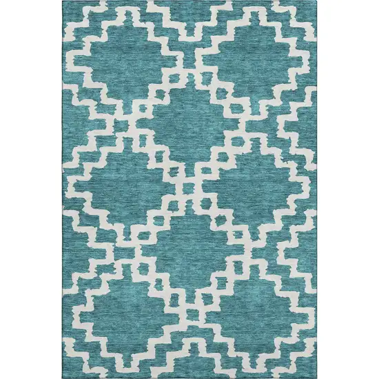 Teal And Ivory Abstract Geometric Washable Area Rug With UV Protection Photo 1