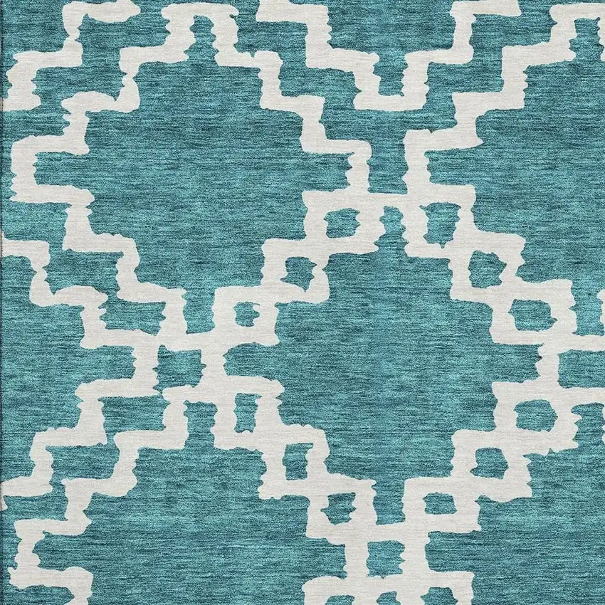 Teal And Ivory Abstract Geometric Washable Area Rug With UV Protection Photo 3