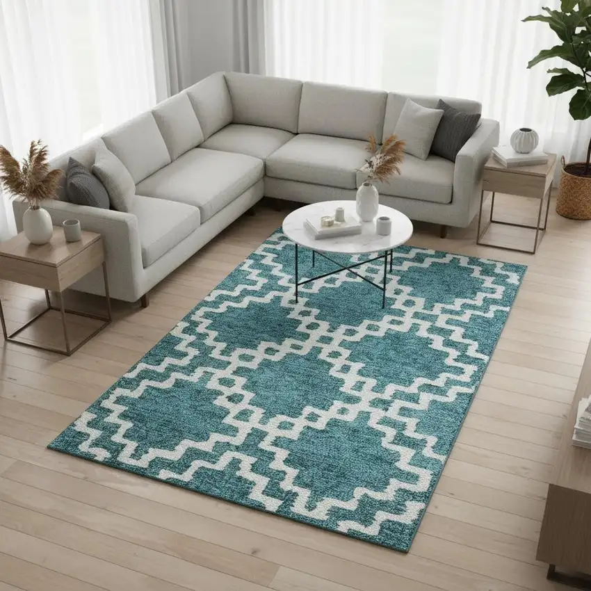 Teal And Ivory Abstract Geometric Washable Area Rug With UV Protection Photo 2