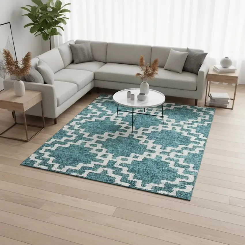 Teal And Ivory Abstract Geometric Washable Area Rug With UV Protection Photo 2