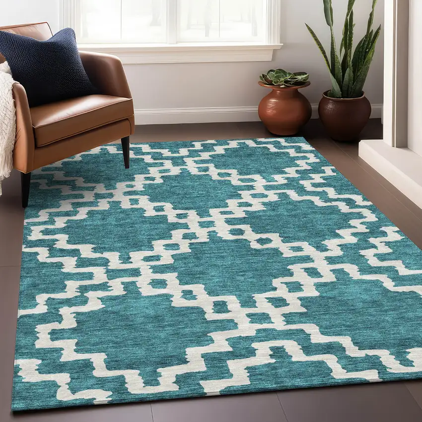 Teal And Ivory Abstract Geometric Washable Area Rug With UV Protection Photo 5