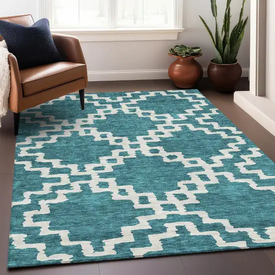 Teal And Ivory Abstract Geometric Washable Area Rug With UV Protection Photo 5
