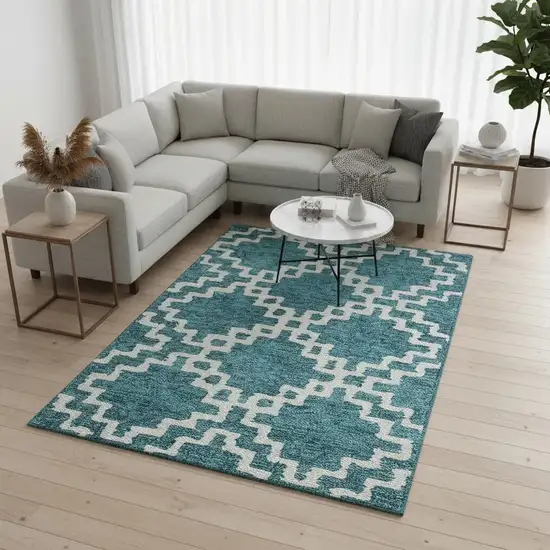 Teal And Ivory Abstract Geometric Washable Area Rug With UV Protection Photo 2