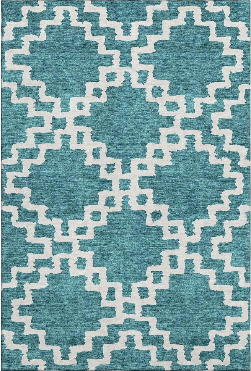 Teal And Ivory Abstract Geometric Washable Area Rug With UV Protection Photo 1