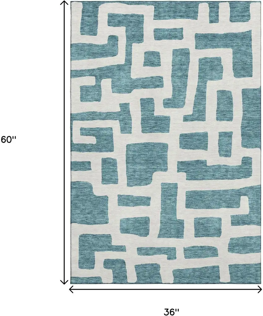 Teal And Ivory Abstract Geometric Washable Area Rug With UV Protection Photo 3