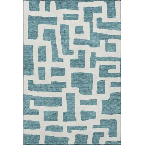 Teal And Ivory Abstract Geometric Washable Area Rug With UV Protection Photo 3