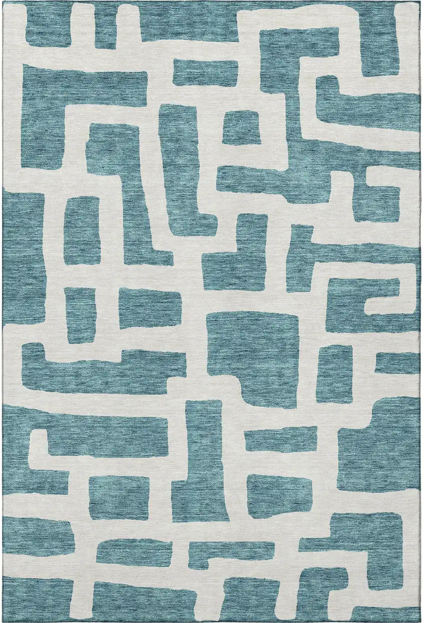 Teal And Ivory Abstract Geometric Washable Area Rug With UV Protection Photo 3