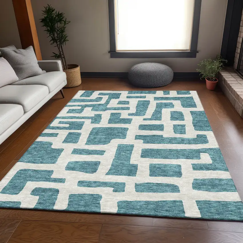 Teal And Ivory Abstract Geometric Washable Area Rug With UV Protection Photo 5