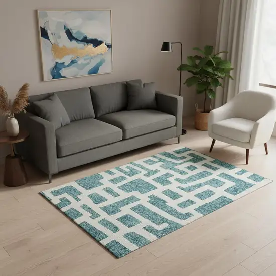 Teal And Ivory Abstract Geometric Washable Area Rug With UV Protection Photo 2