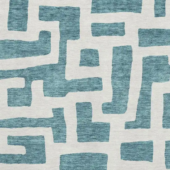 Teal And Ivory Abstract Geometric Washable Area Rug With UV Protection Photo 3