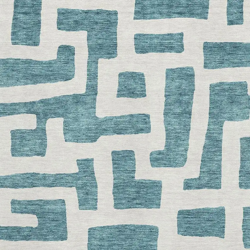 Teal And Ivory Abstract Geometric Washable Area Rug With UV Protection Photo 3
