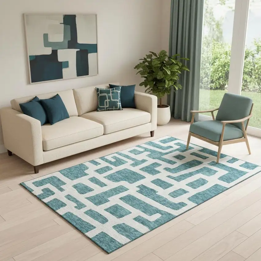 Teal And Ivory Abstract Geometric Washable Area Rug With UV Protection Photo 1