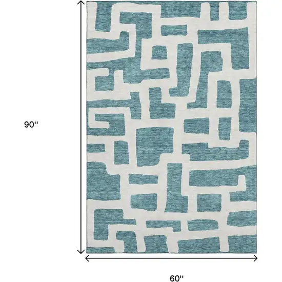Teal And Ivory Abstract Geometric Washable Area Rug With UV Protection Photo 3