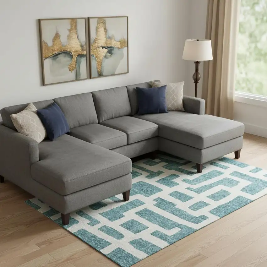 Teal And Ivory Abstract Geometric Washable Area Rug With UV Protection Photo 1