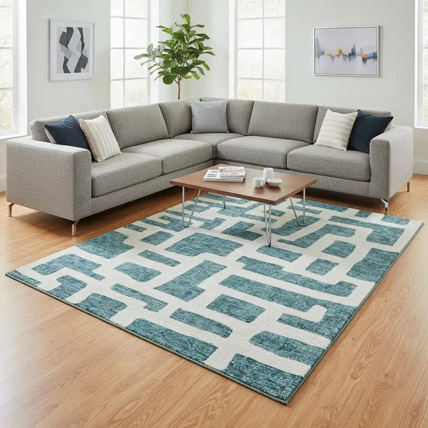 Teal And Ivory Abstract Geometric Washable Area Rug With UV Protection Photo 2