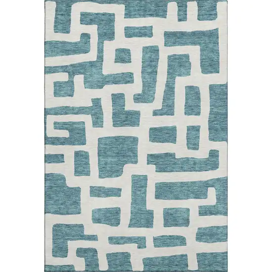 Teal And Ivory Abstract Geometric Washable Area Rug With UV Protection Photo 1