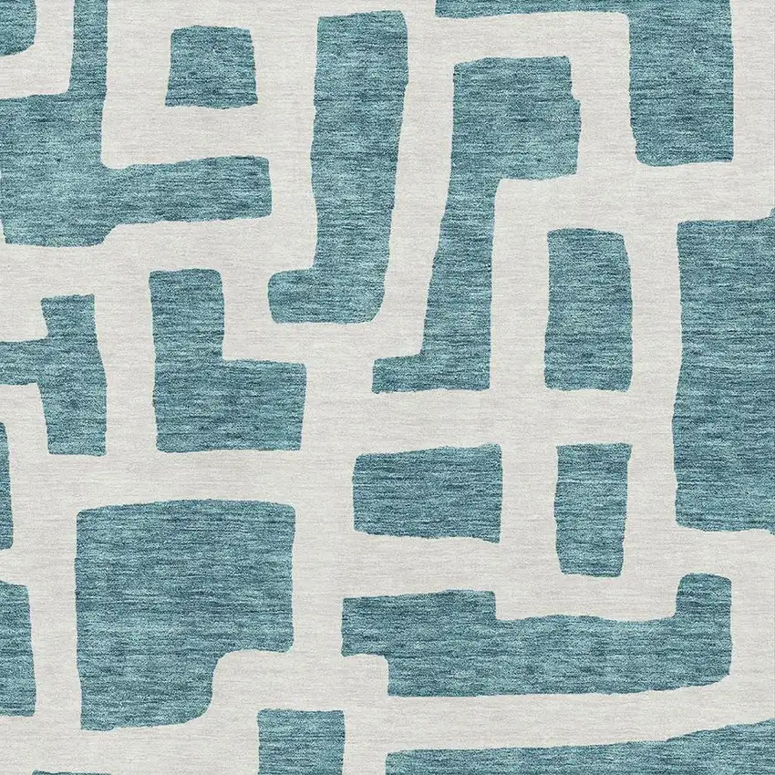 Teal And Ivory Abstract Geometric Washable Area Rug With UV Protection Photo 3