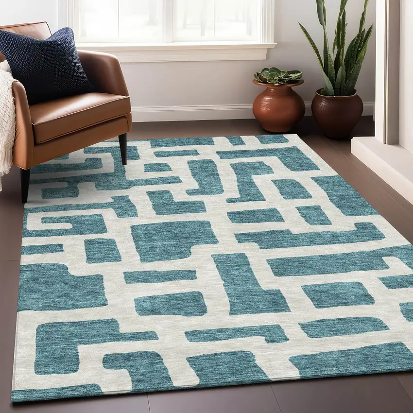 Teal And Ivory Abstract Geometric Washable Area Rug With UV Protection Photo 5