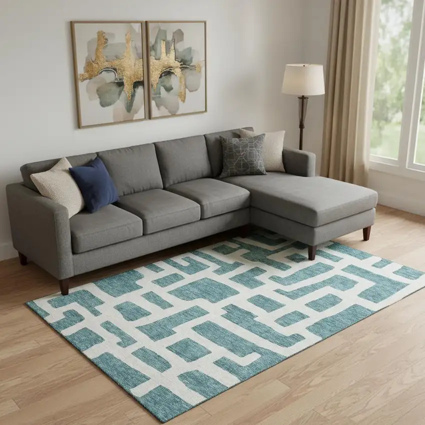 Teal And Ivory Abstract Geometric Washable Area Rug With UV Protection Photo 1