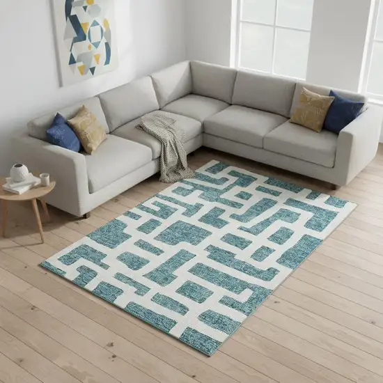 Teal And Ivory Abstract Geometric Washable Area Rug With UV Protection Photo 2