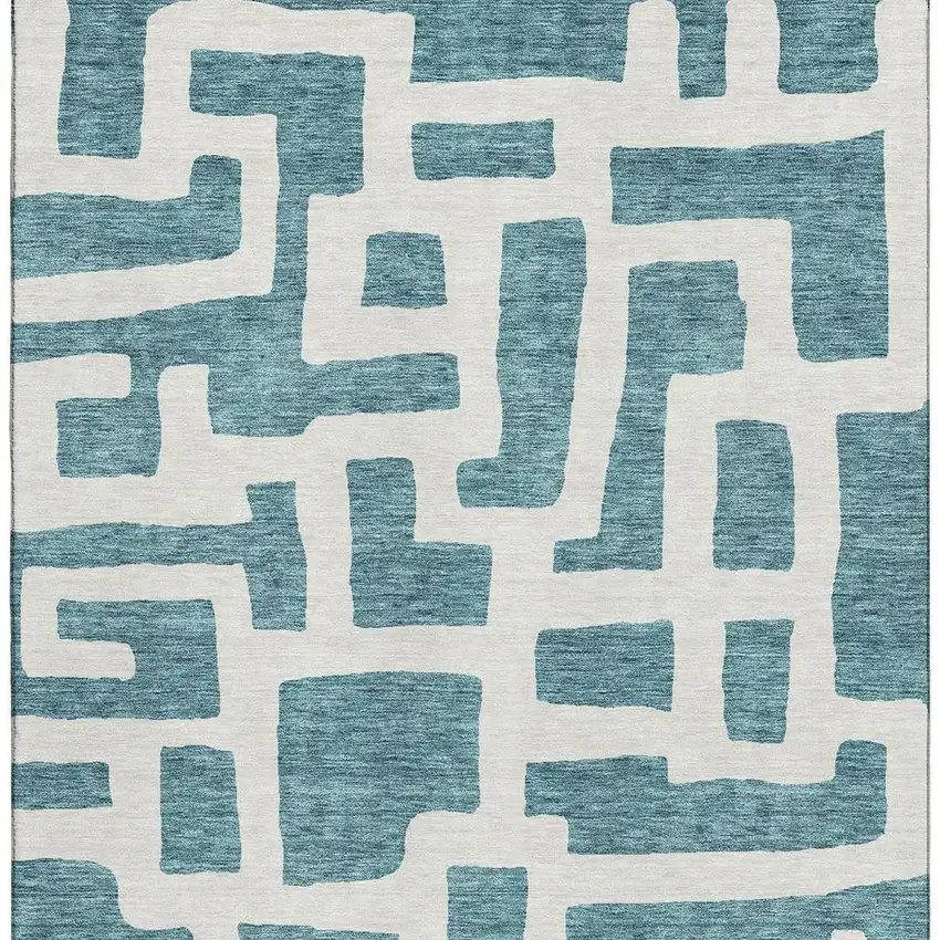 Teal And Ivory Abstract Geometric Washable Area Rug With UV Protection Photo 4