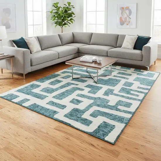 Teal And Ivory Abstract Geometric Washable Area Rug With UV Protection Photo 2