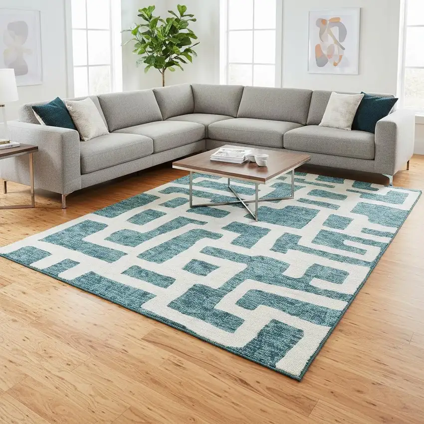 Teal And Ivory Abstract Geometric Washable Area Rug With UV Protection Photo 2