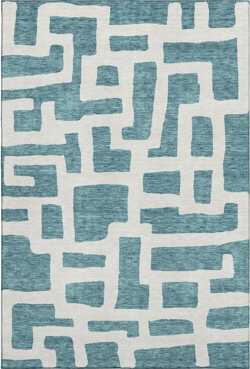 Teal And Ivory Abstract Geometric Washable Area Rug With UV Protection Photo 1