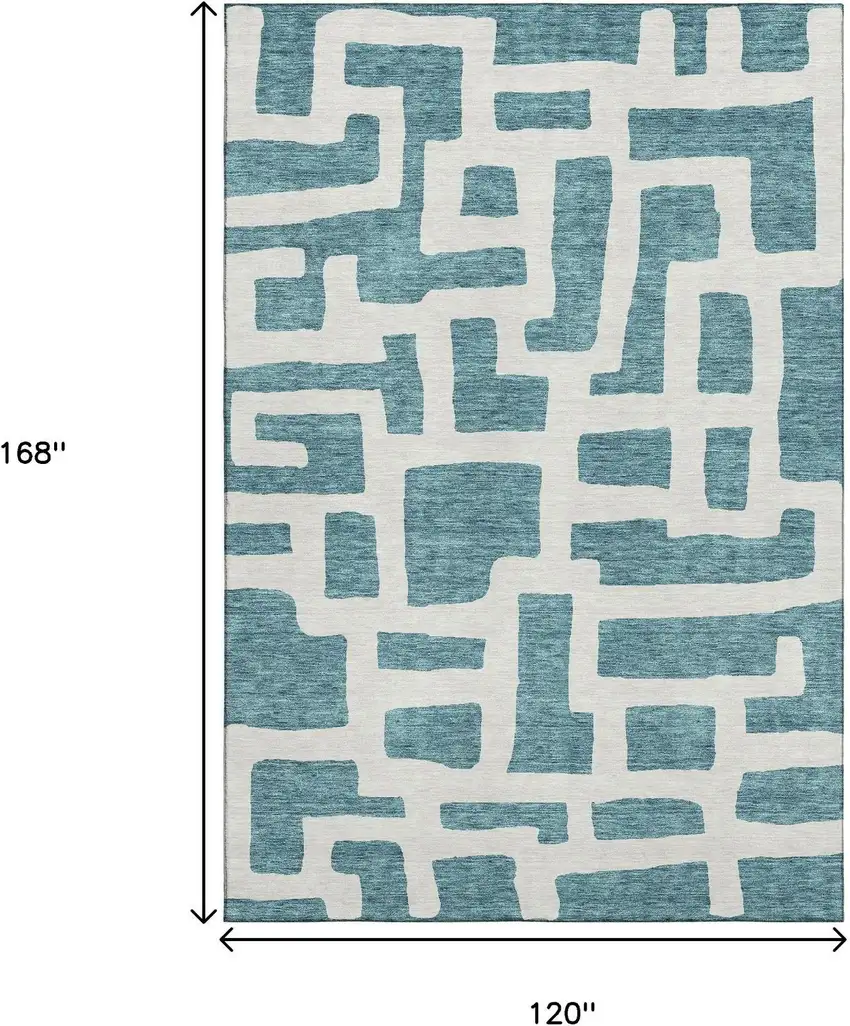 Teal And Ivory Abstract Geometric Washable Area Rug With UV Protection Photo 3