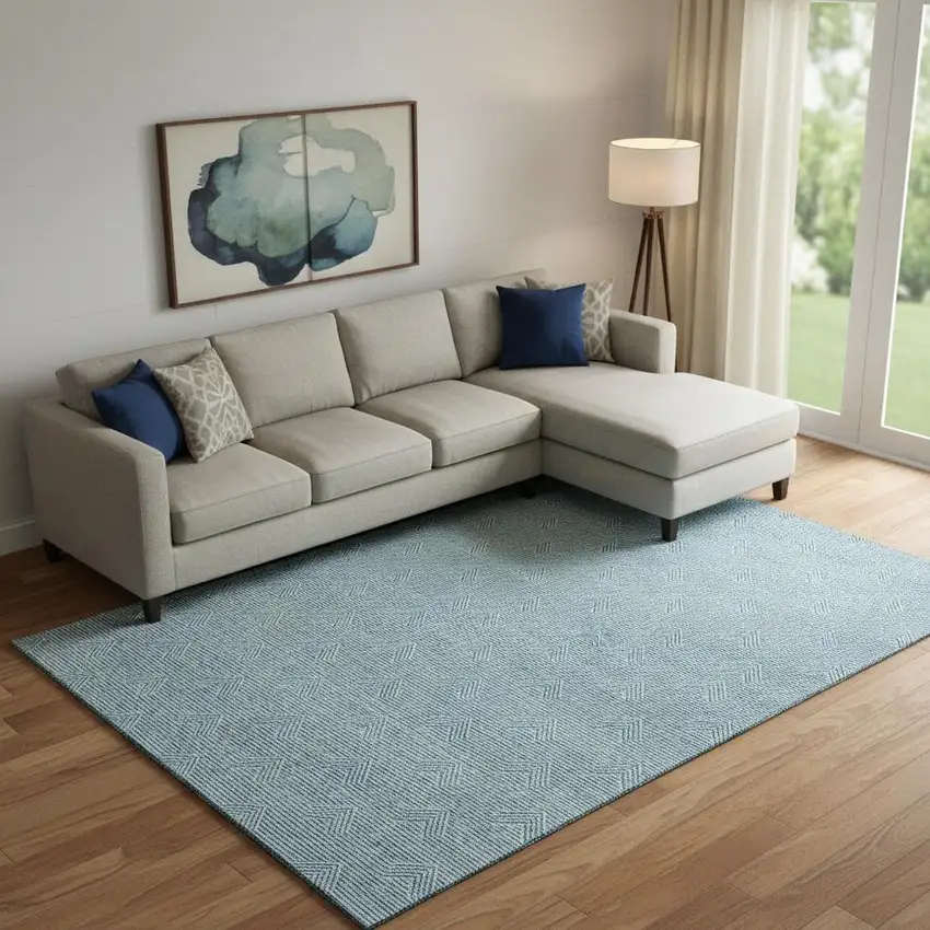 Teal And Ivory Abstract Geometric Washable Area Rug With UV Protection Photo 1