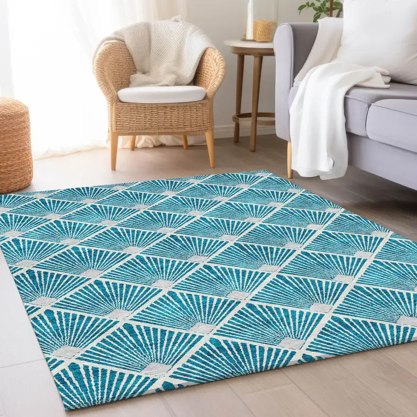 Teal And Ivory Abstract Geometric Washable Area Rug With UV Protection Photo 5