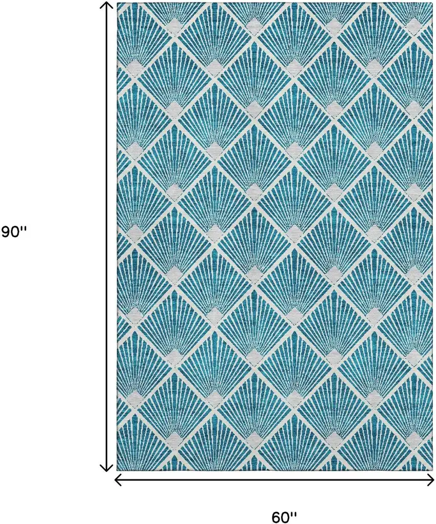 Teal And Ivory Abstract Geometric Washable Area Rug With UV Protection Photo 3