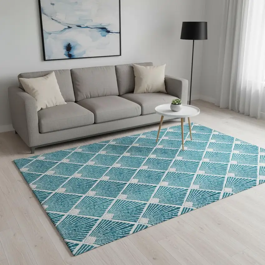 Teal And Ivory Abstract Geometric Washable Area Rug With UV Protection Photo 2