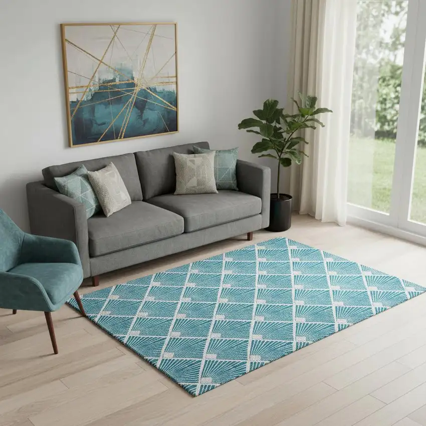 Teal And Ivory Abstract Geometric Washable Area Rug With UV Protection Photo 1