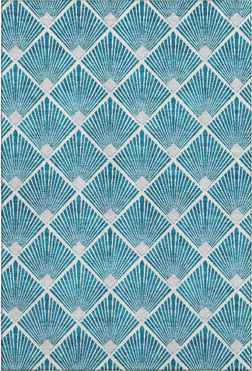 Teal And Ivory Abstract Geometric Washable Area Rug With UV Protection Photo 1