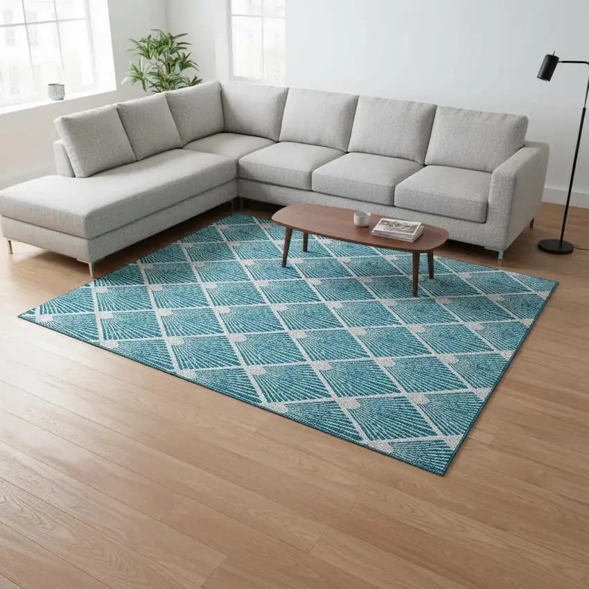 Teal And Ivory Abstract Geometric Washable Area Rug With UV Protection Photo 2