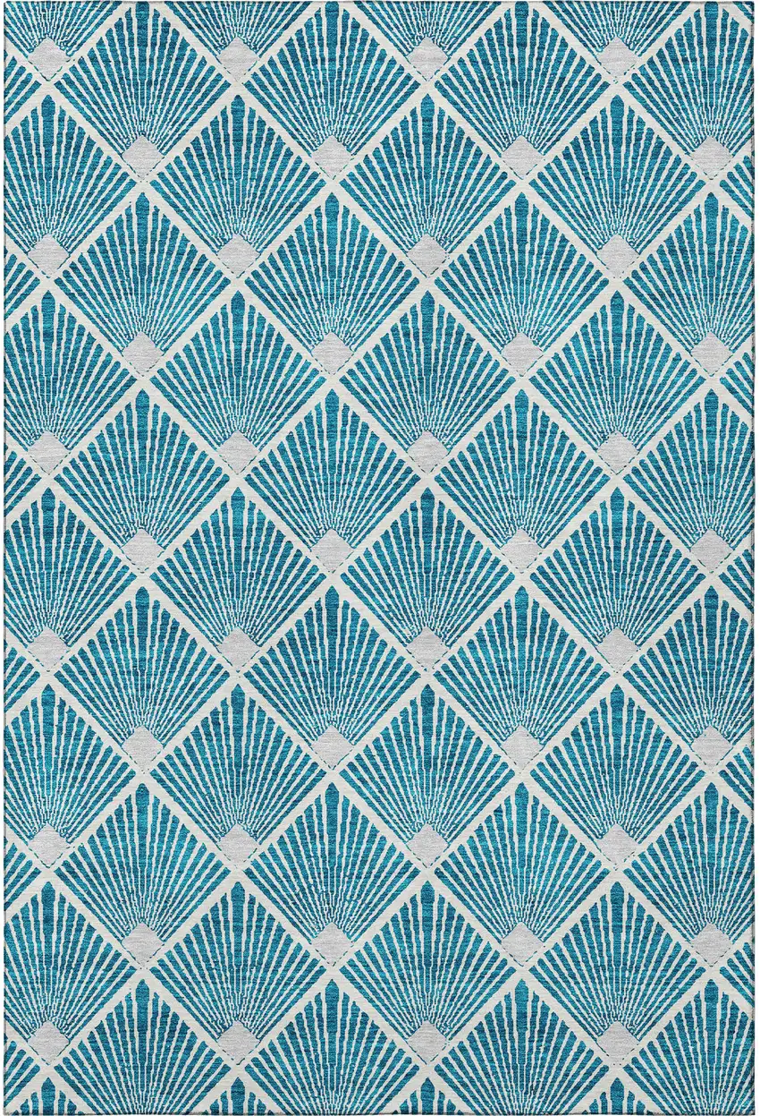 Teal And Ivory Abstract Geometric Washable Area Rug With UV Protection Photo 4
