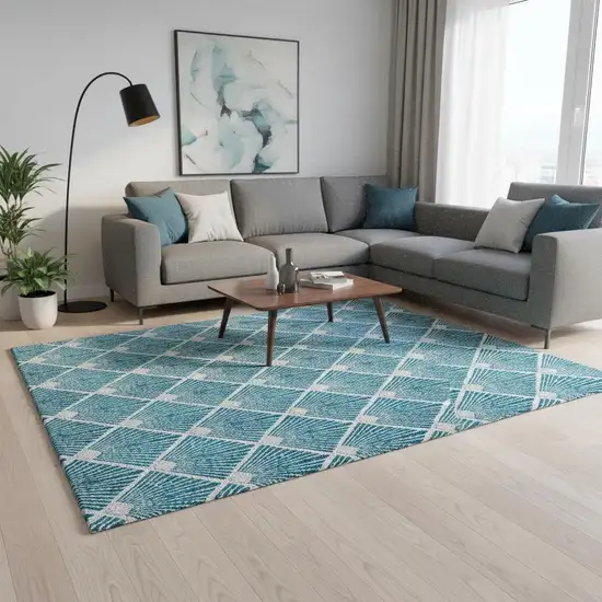 Teal And Ivory Abstract Geometric Washable Area Rug With UV Protection Photo 2