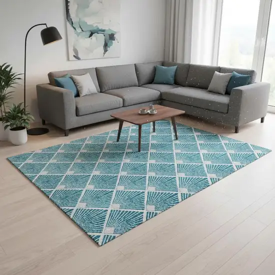 Teal And Ivory Abstract Geometric Washable Area Rug With UV Protection Photo 2