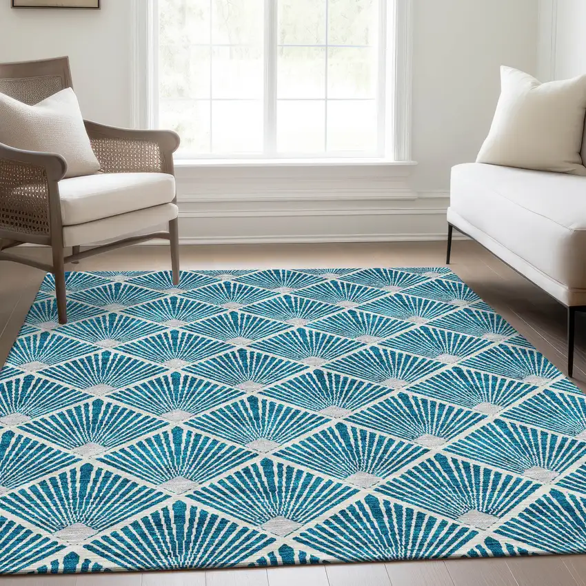 Teal And Ivory Abstract Geometric Washable Area Rug With UV Protection Photo 6