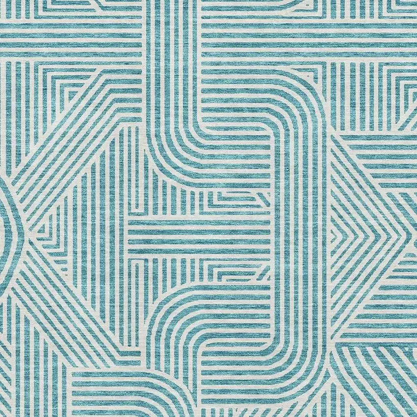 Teal And Ivory Abstract Geometric Washable Area Rug With UV Protection Photo 2