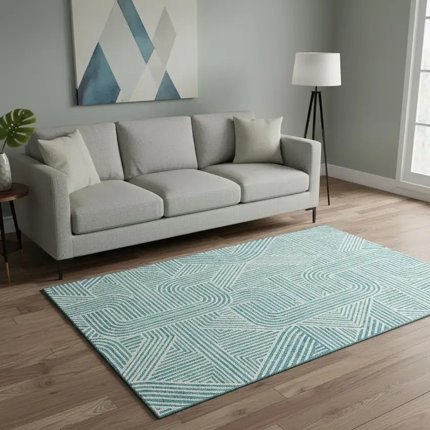 Teal And Ivory Abstract Geometric Washable Area Rug With UV Protection Photo 2