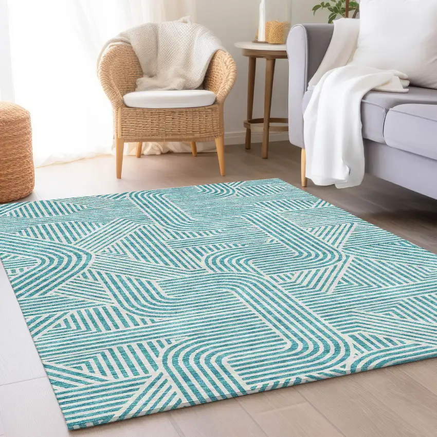 Teal And Ivory Abstract Geometric Washable Area Rug With UV Protection Photo 4