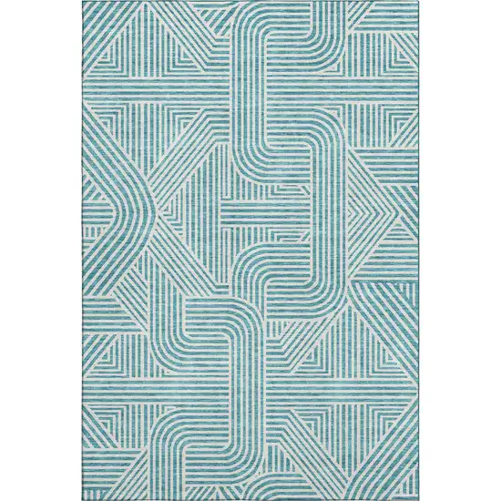 Teal And Ivory Abstract Geometric Washable Area Rug With UV Protection Photo 1
